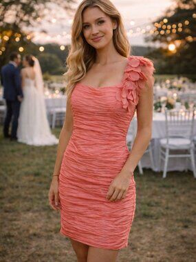 UK2LA Coral One Shoulder Dress Ruched Floral Accent Summer Event Festival XS S